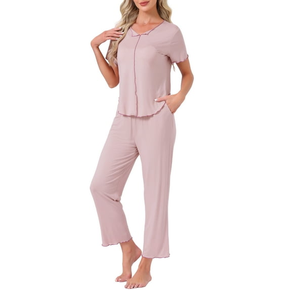 INSPIRE CHIC Womens Pajama Sets Summer Sleepwear Built-in Shelf Bra Short Sleeve Tops and Pants Lounge Set with Pockets S Pink