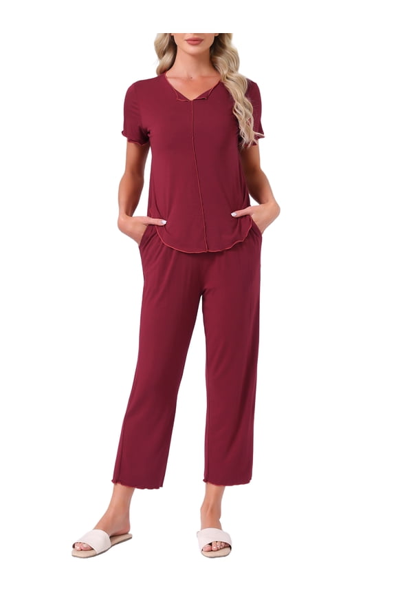 Womens Pajama Sets Summer Sleepwear Built-in Shelf Bra Short Sleeve Tops and Pants Lounge Set with Pockets XL Red