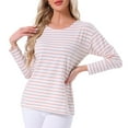 thumbnail image 1 of INSPIRE CHIC Womens Pajama Tops Striped Print Cotton Sleep Shirts Long Sleeve Crew Neck Lounge Tees Blouse S Pink Striped, 1 of 6