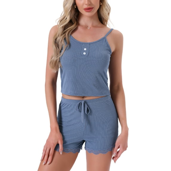 INSPIRE CHIC Womens Pajamas Ribbed Knit Lace Trim Camisole Sleeveless Tank Top with Shorts Sleepwear Lounge Sets M Blue