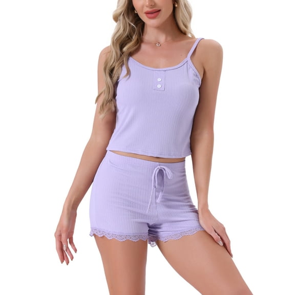 INSPIRE CHIC Womens Pajamas Ribbed Knit Lace Trim Camisole Sleeveless Tank Top with Shorts Sleepwear Lounge Sets M Purple