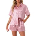 thumbnail image 1 of INSPIRE CHIC Women's Pajamas Set Button Down Notch Collar Short Sleeve with Shorts Set Soft Cozy Lounge Set S Pink, 1 of 6
