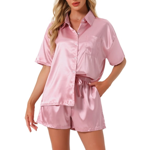INSPIRE CHIC Women's Pajamas Set Button Down Notch Collar Short Sleeve with Shorts Set Soft Cozy Lounge Set S Pink