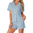 thumbnail image 1 of Womens Pajamas Set 100% Cotton Button Down Notch Collar Sleepwear Short Sleeve 2 Piece Suits with Pockets M Blue, 1 of 6