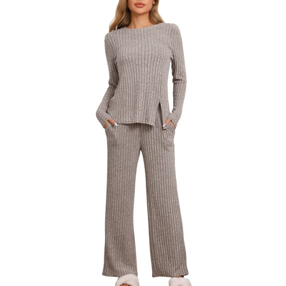 INSPIRE CHIC Women's Pajamas Set Crewneck Long Sleeve Sleepwear Soft Pjs Loungewear with Pocket S Brown