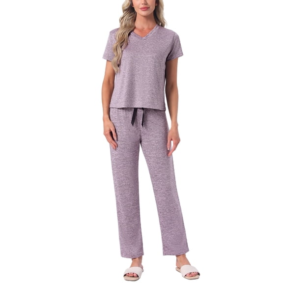 INSPIRE CHIC Womens Pajamas Set Short Sleeve V Neck Pullover Top with Pants Soft Knit Sleepwear Lounge Set XL Purple