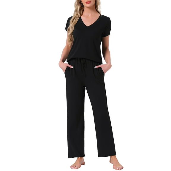 INSPIRE CHIC Womens Pajamas V Neck Short Sleeve Top with Drawstring Pants Sleepwear Printed Lounge Sets with Pockets S Black