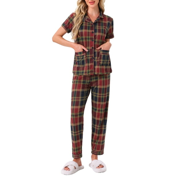 INSPIRE CHIC Womens Plaid Loungewear Long Sleeve with Pants Sleepwear Button Down Pajama Sets with Pockets L Short Sleeve-Red Plaid