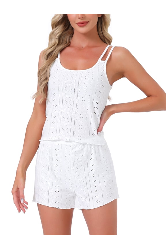 Womens Pointelle Pajama Sleepwear Solid Camisole Tops with Shorts Double Strap Loungewear Sets M White