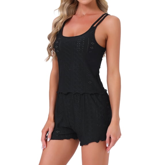 INSPIRE CHIC Women's Pointelle Pajama Sleepwear Solid Camisole Tops with Shorts Double Strap Loungewear Sets XL Black