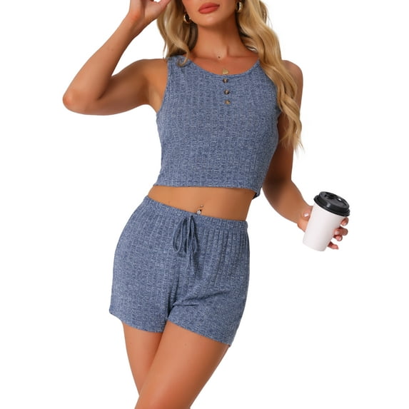INSPIRE CHIC Womens Ribbed Knit Loungewear Sleepwear 2 Piece Tank Top with Shorts Pajama Sets M Blue