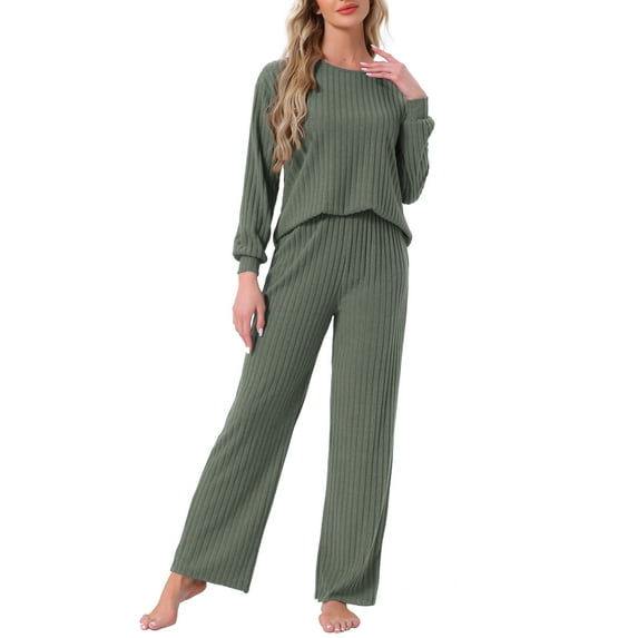 INSPIRE CHIC Womens Ribbed Knit Pajamas Sets 2 Piece Long Sleeve Top and Pants Sleepwear Pjs Loungewear Outfits 2XL Olive Green