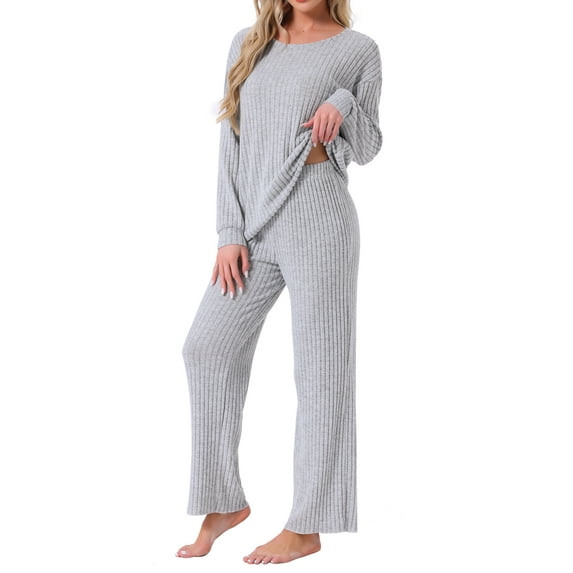 INSPIRE CHIC Womens Ribbed Knit Pajamas Sets 2 Piece Long Sleeve Top and Pants Sleepwear Pjs Loungewear Outfits S Light Grey