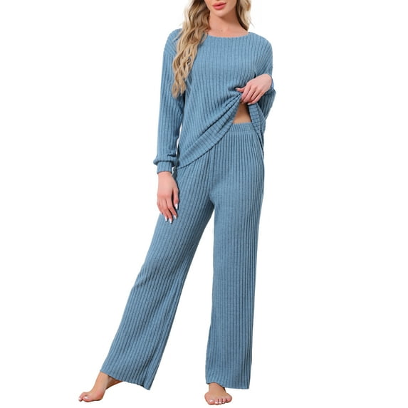 INSPIRE CHIC Womens Ribbed Knit Pajamas Sets 2 Piece Long Sleeve Top and Pants Sleepwear Pjs Loungewear Outfits S Royal Blue