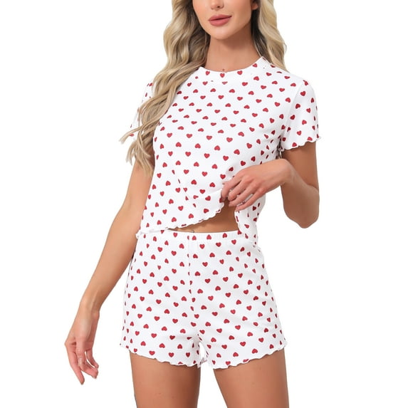 INSPIRE CHIC Womens Ribbed Knit Pajamas Soft Stretchy O-Neck Short Sleeve Tops with Shorts Cute Patterns Ruffle Lounge Sets L Red Heart