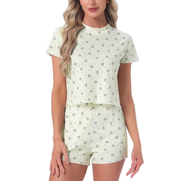 INSPIRE CHIC Womens Ribbed Knit Pajamas Soft Stretchy O-Neck Short Sleeve Tops with Shorts Cute Patterns Ruffle Lounge Sets M Beige Heart
