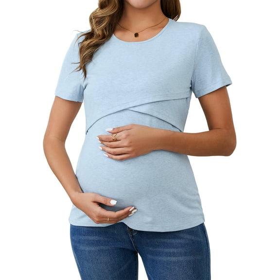 INSPIRE CHIC Womens Ribbed Knit Short Sleeve Nursing Shirts Crossover Maternity Breastfeeding Top Large Sky Blue