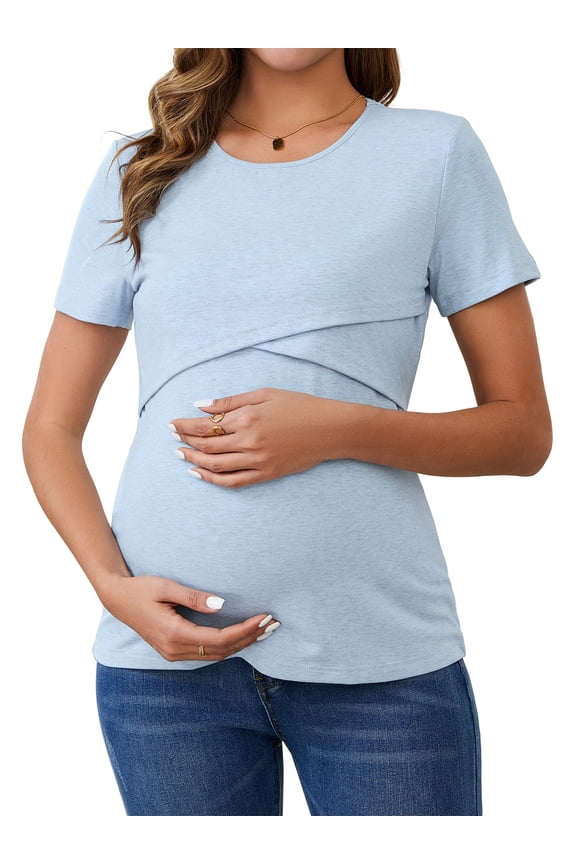 Women's Mother's Day Ribbed Knit Short Sleeve Nursing Shirts Crossover Maternity Breastfeeding Top Medium Black