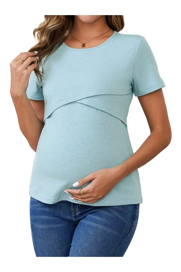 Women's Mother's Day Ribbed Knit Short Sleeve Nursing Shirts Crossover Maternity Breastfeeding Top X-Large Blue