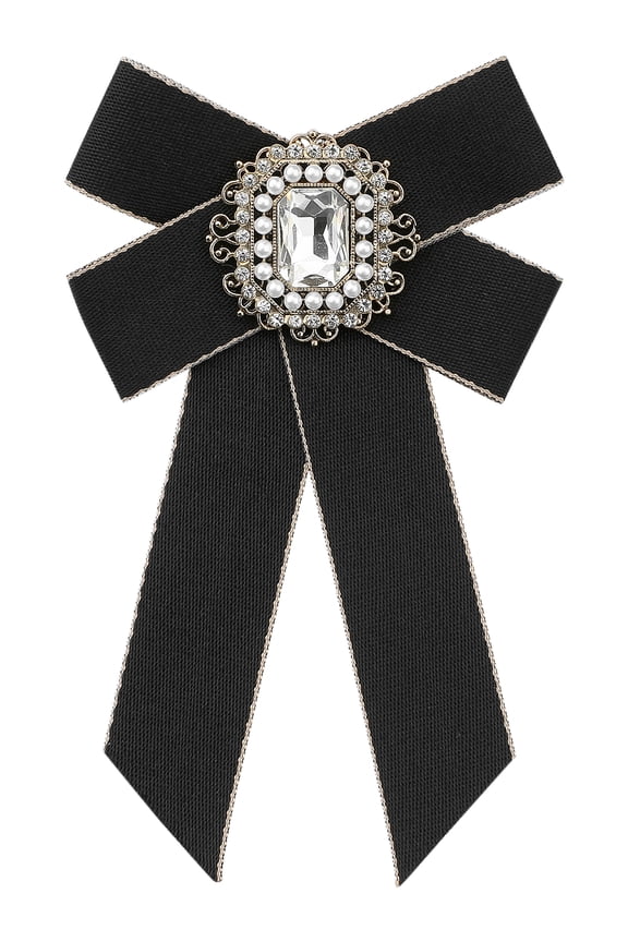 Womens Ribbon Brooch Elegant Bowtie Rhinestone Bow Ties for Uniform Dress Black