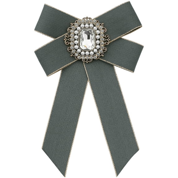 INSPIRE CHIC Womens Ribbon Brooch Elegant Bowtie Rhinestone Bow Ties for Uniform Dress Dark Gray