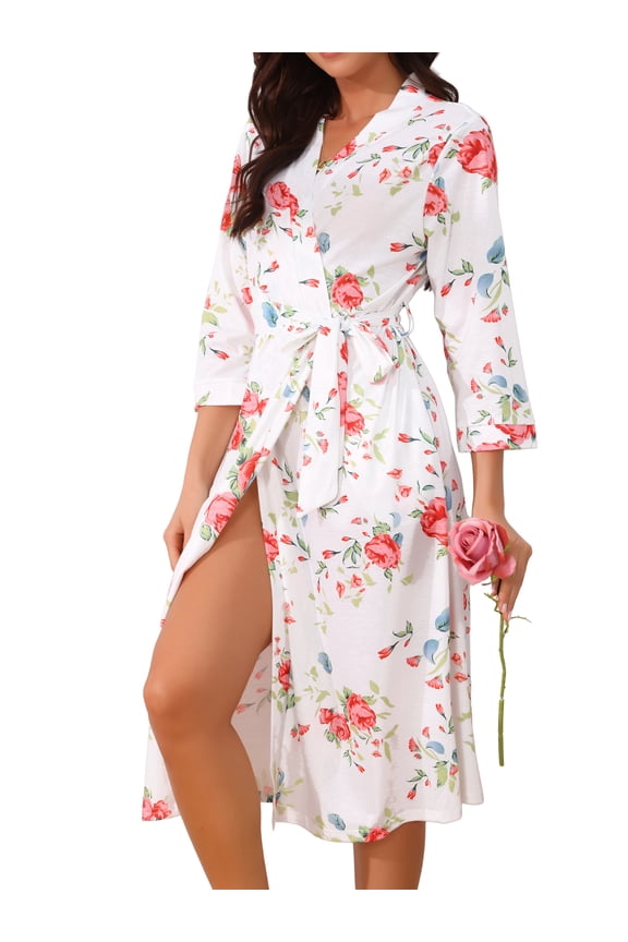 Womens Robe 3/4 Sleeve Midi Wrap Bathrobe Cover Up Bride Bridal Party Wedding Loungewear with Belt Pocket 2XL White&Floral