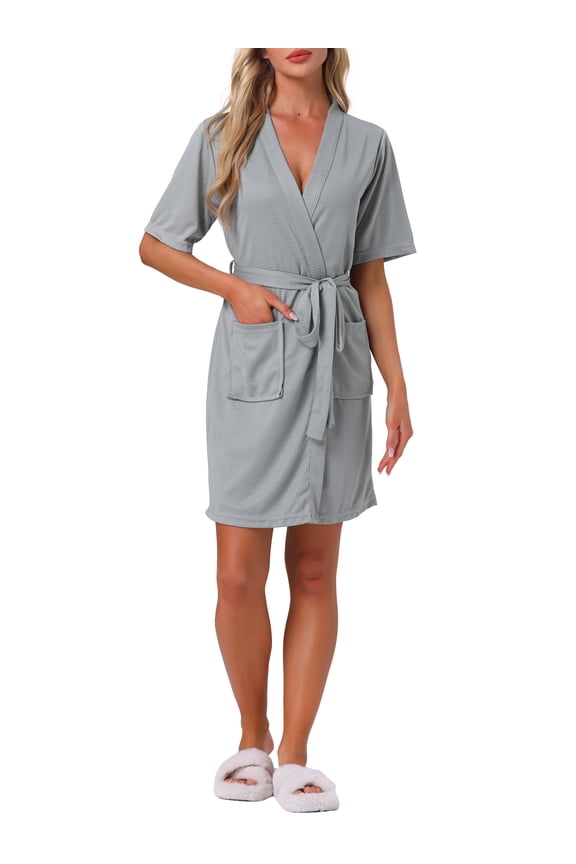 Women's Bath Robe Waffle Short Sleeve Wrapping Straps Loungewear Soft Robe with Pocket M Grey