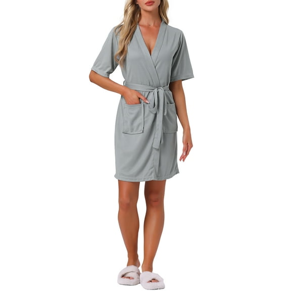 INSPIRE CHIC Women's Bath Robe Waffle Short Sleeve Wrapping Straps Loungewear Soft Robe with Pocket M Grey