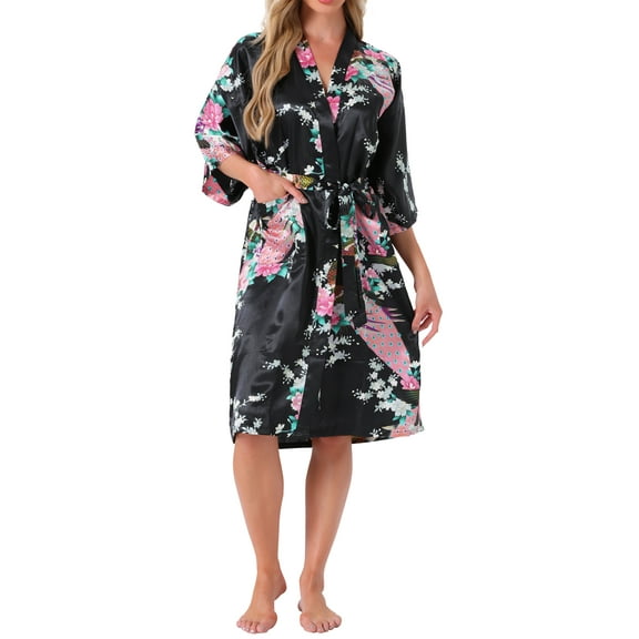 Womens Satin Robes Floral V-Neck 3/4 Sleeve Bride Bridesmaids Nightgown Peacock Print Bathrobe M Black