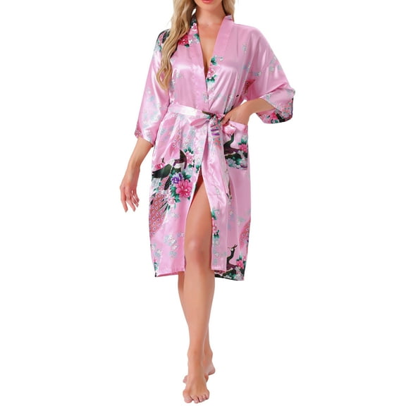 Womens Satin Robes Floral V-Neck 3/4 Sleeve Bride Bridesmaids Nightgown Peacock Print Bathrobe M Pink