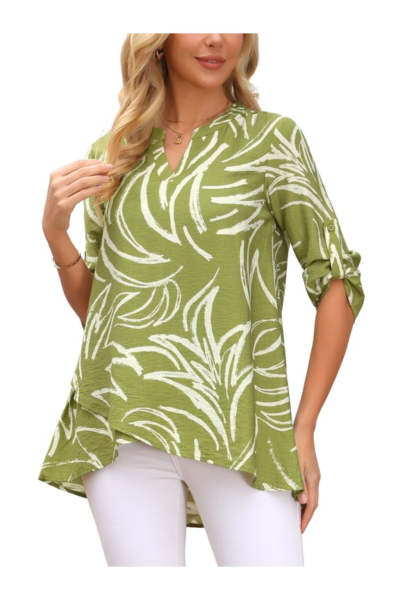 Womens Roll Up 3/4 Sleeve Tops V Neck Floral Print Shirts Dressy Casual Work Tunic Blouses L Green