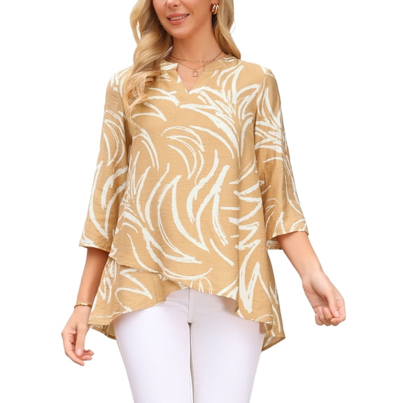 INSPIRE CHIC Womens Roll Up 3/4 Sleeve Tops V Neck Floral Print Shirts Dressy Casual Work Tunic Blouses L Khaki