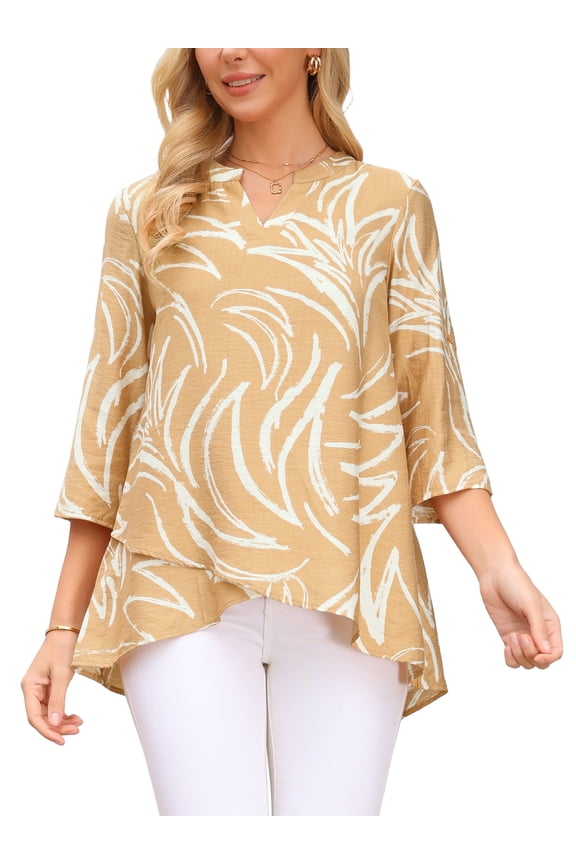 Womens Roll Up 3/4 Sleeve Tops V Neck Floral Print Shirts Dressy Casual Work Tunic Blouses L Khaki