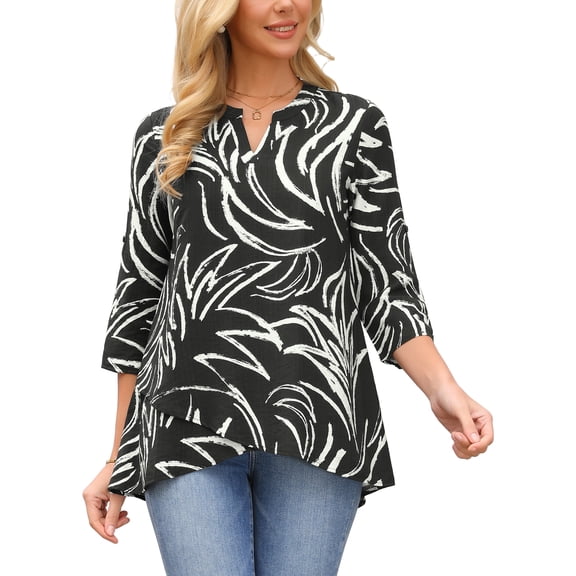 INSPIRE CHIC Womens Roll Up 3/4 Sleeve Tops V Neck Floral Print Shirts Dressy Casual Work Tunic Blouses M Black
