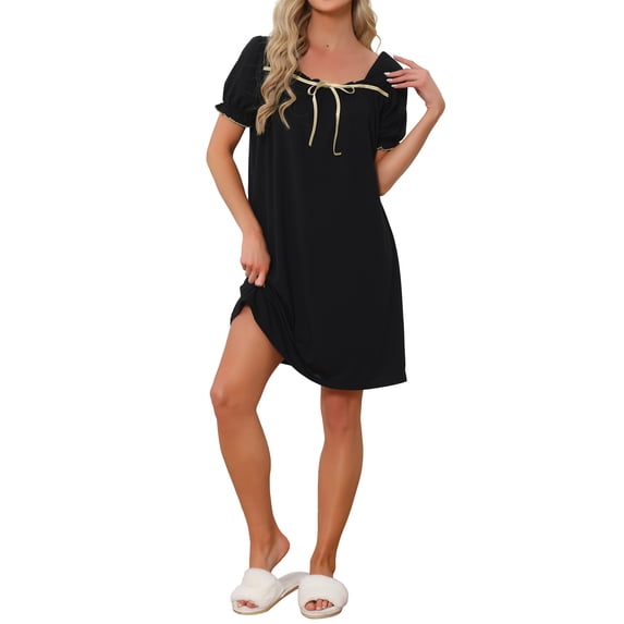 INSPIRE CHIC Women's Ruffle Nightgowns Ruffle Trim Cute Sleepshirts Summer Nightshirt Midi Shorts Sleeve Sleep Dress M Black