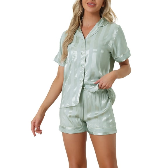 INSPIRE CHIC Women's Satin Button Down Short Sleeve Tops with Shorts Pajama Set L Light Green