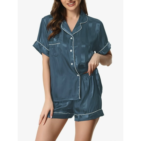 INSPIRE CHIC Women's Satin Button Down Short Sleeve Tops with Shorts Pajama Set XL Blue Green