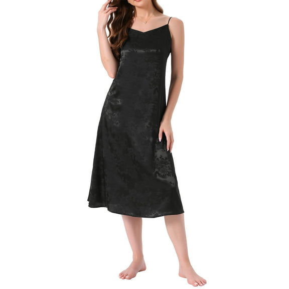 INSPIRE CHIC Womens Satin Floral Pajamas V Neck Spaghetti Strap Chemises Slip Lingerie Midi Nightgowns XS Black