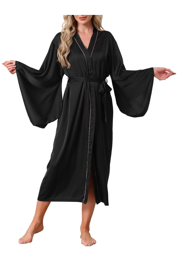 Womens Satin Kimono Robe Batwing Sleeve Loungewear Silky Loose Short Bathrobes Pajama One Size Black