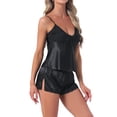 thumbnail image 1 of INSPIRE CHIC Womens Satin Loungewear Lace Silky Bow Spaghetti Strap V Neck Top with Split Shorts Pajama Set L Black, 1 of 6
