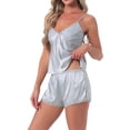 thumbnail image 1 of INSPIRE CHIC Womens Satin Loungewear Lace Silky Bow Spaghetti Strap V Neck Top with Split Shorts Pajama Set S Grey, 1 of 6