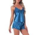 thumbnail image 1 of INSPIRE CHIC Womens Satin Loungewear Lace Silky Bow Spaghetti Strap V Neck Top with Split Shorts Pajama Set S Navy, 1 of 6