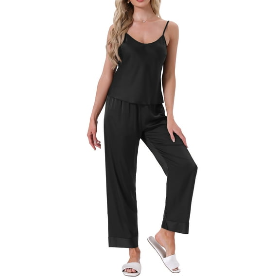 INSPIRE CHIC Womens Satin Loungewear Set 2 Pcs Leopard Print Cami Spaghetti Sleeveless Silky Pajama Sets with Long Pants S Black