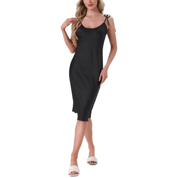 INSPIRE CHIC Womens Satin Nightgown Midi Spaghetti Adjustable Straps Silky Sexy Nighty Chemise Camisole Pajama Dress M Black