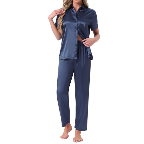 INSPIRE CHIC Womens Satin Pajama Set Silky Button Down Short Sleeve Lapel Shirt and Pants 2 Piece Loungewear Sets L Navy