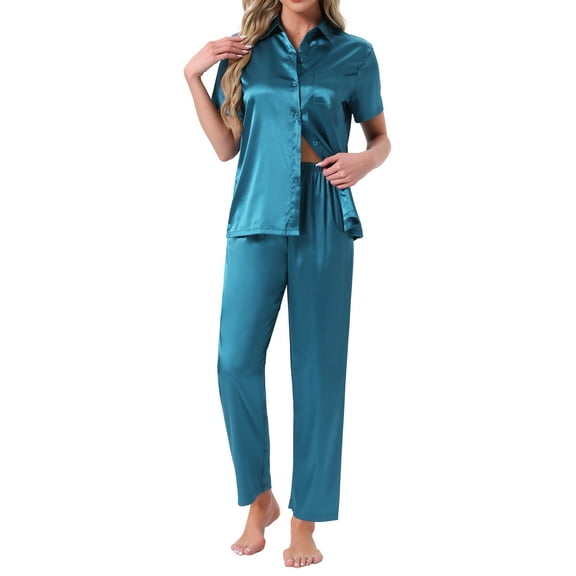 INSPIRE CHIC Womens Satin Pajama Set Silky Button Down Short Sleeve Lapel Shirt and Pants 2 Piece Loungewear Sets M Peacock Blue
