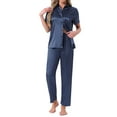 thumbnail image 1 of INSPIRE CHIC Womens Satin Pajama Set Silky Button Down Short Sleeve Lapel Shirt and Pants 2 Piece Loungewear Sets S Navy, 1 of 6