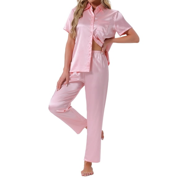 INSPIRE CHIC Womens Satin Pajama Set Silky Button Down Short Sleeve Lapel Shirt and Pants 2 Piece Loungewear Sets XL Black