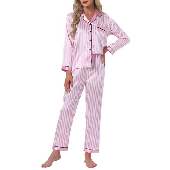 INSPIRE CHIC Womens Satin Pajama Set Silky Long Sleeve Button Down Striped Leopard Sleepwear with Pocket M Light Pink Striped