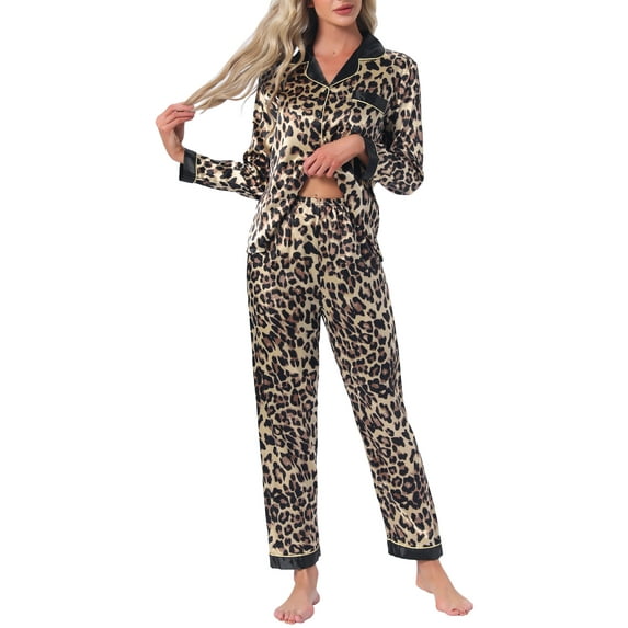 INSPIRE CHIC Womens Satin Pajama Set Silky Long Sleeve Button Down Striped Leopard Sleepwear with Pocket S Brown Leopard